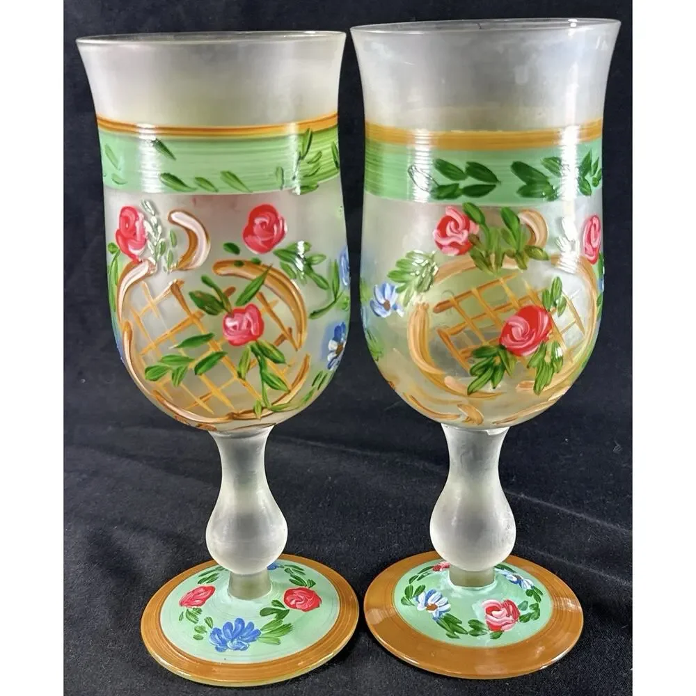 Vintage Hand Painted Frosted Glass Goblets Shepherd Scene Roses Floral 7.5”